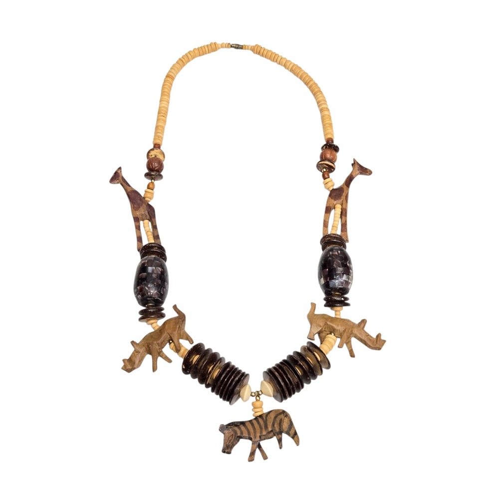 Hand Carved Wood Safari Animal African Necklace Zebra Rhino Giraffe Abalone Bead